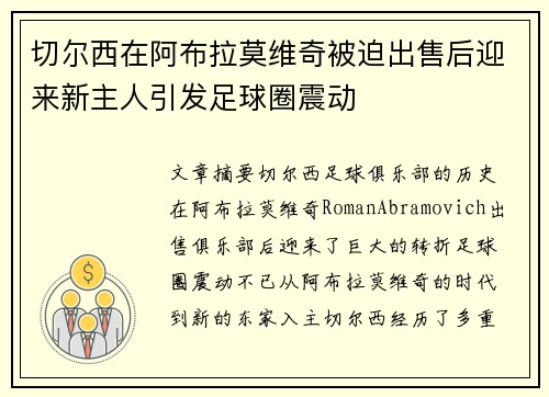 切尔西在阿布拉莫维奇被迫出售后迎来新主人引发足球圈震动
