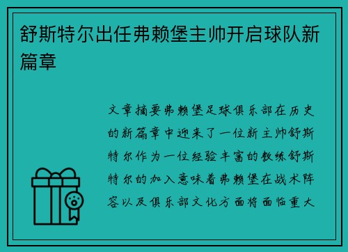 舒斯特尔出任弗赖堡主帅开启球队新篇章